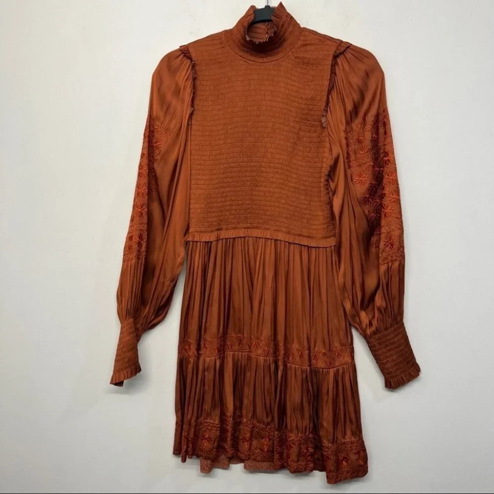 Ulla Johnson‎ Angelica Mini Dress Orange Rust 2 Smocked Embroidered Turtleneck - Picture 8 of 14